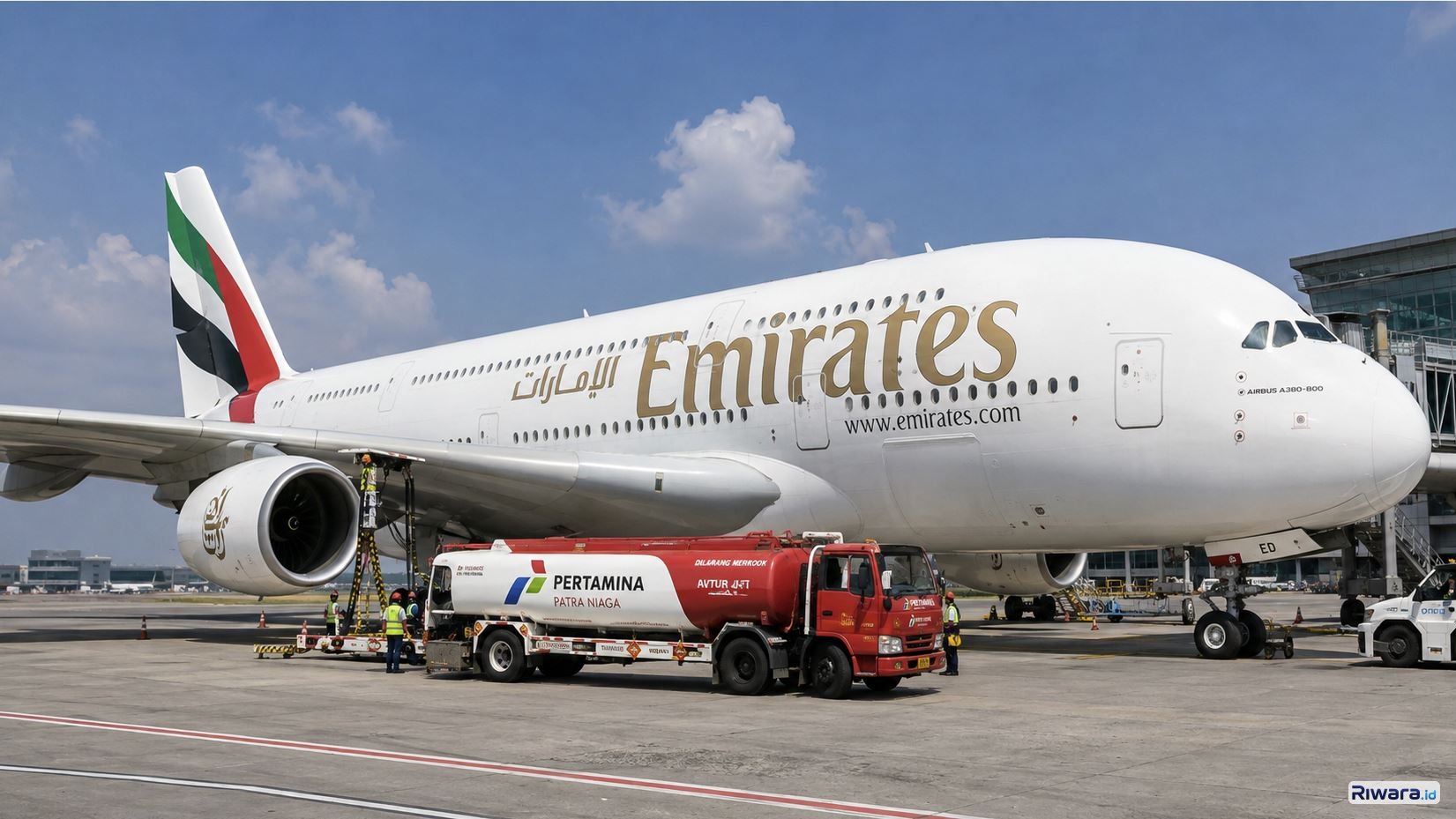 Mobil tangki PT Pertamina Patra Niaga mengisi bahan bakar pesawat Airbus A-380 dibuat dengan bantuan ChatGPT AI